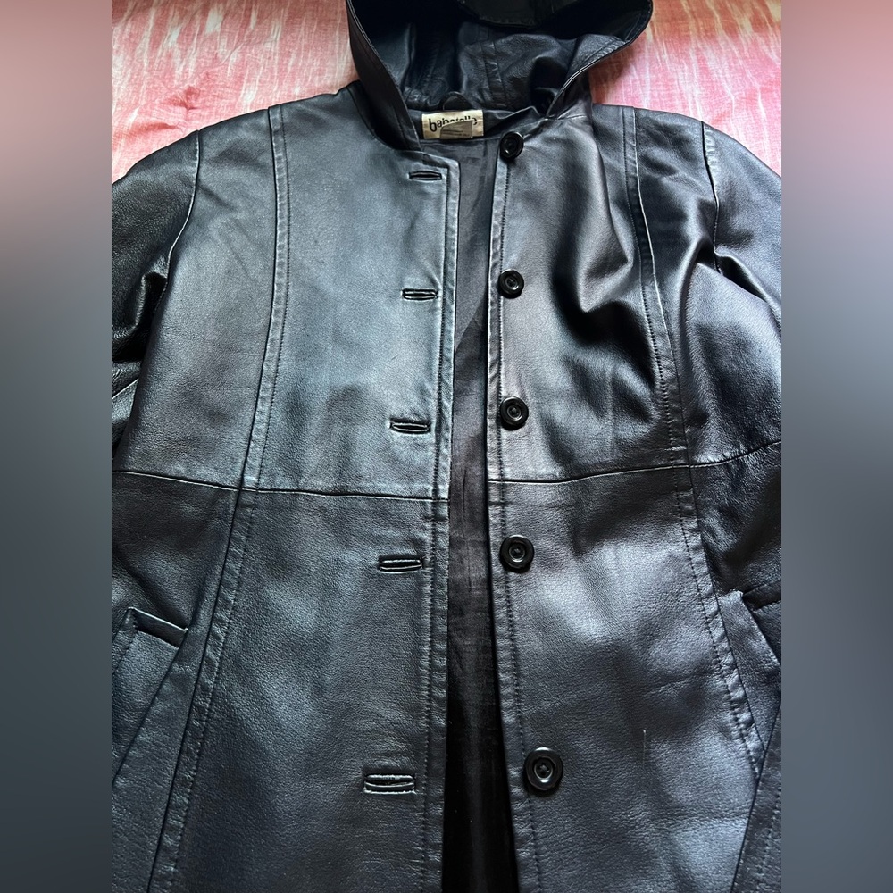 BAGATELLE Vintage Black Leather Hooded Trench Coat sz M - Picture 9 of 16